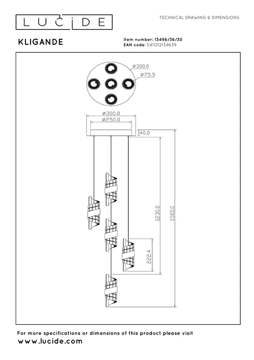 Lucide KLIGANDE - Pendelleuchten - Ø 30 cm - LED Dim. - 5x8W 2700K - Schwarz - technisch